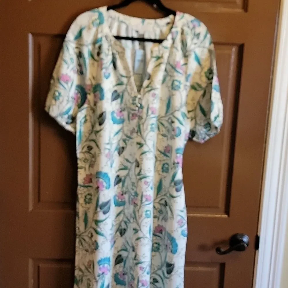 Loft-Linen iv, teal pink, print dress. Short sleeves. XLP. NWT.